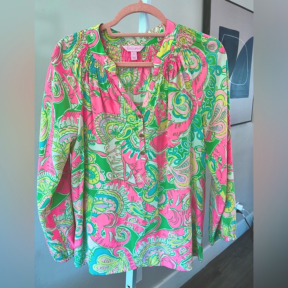 Lilly Pulitzer Elsa Silk Blouse – Vibrant Paisley Size S small pink aqua